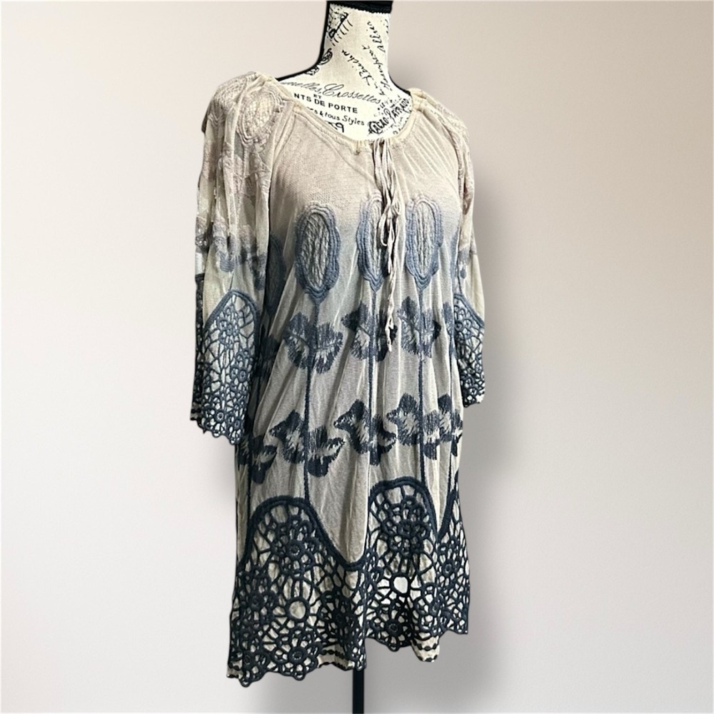 XCVI S Beige Gray Ombre Cotton Crochet Lace Embroidered Mini Dress Boho Resort - Picture 2 of 7